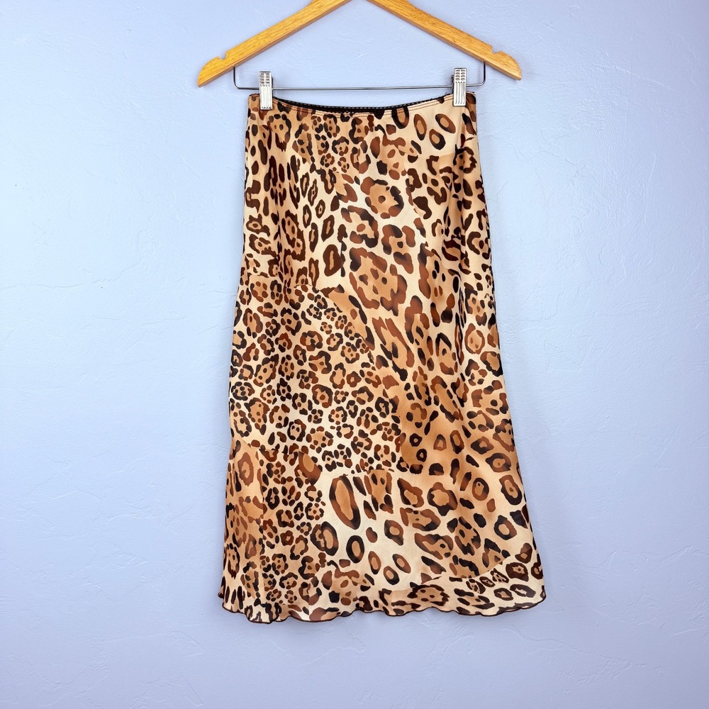 Y2K La Belle Midi Skirt Womens 7 Brown Leopard Print Chiffon Mesh Overlay USA